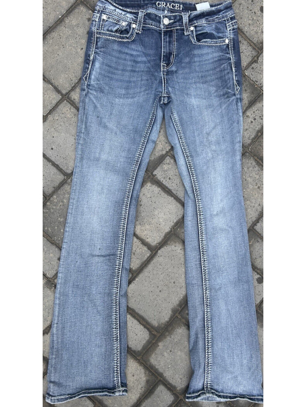 GRACE IN LA Jeans 27 Slim Boot Cut Stretch Denim Embellished Pockets Light Wash
